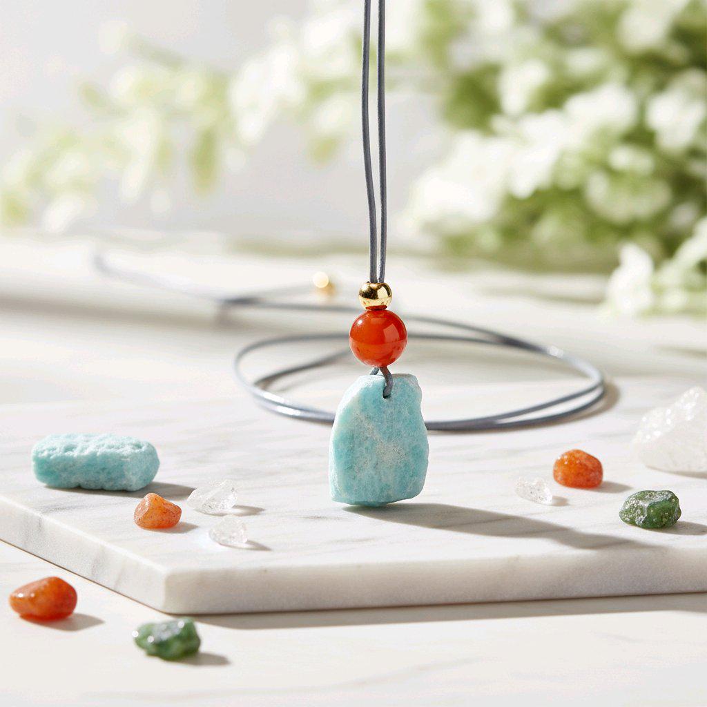 Chunky Amazonite Raw Stone Necklace, Geometric Carnelian Pendant with 18k Gold Copper Accent, Boho Spiritual Jewelry #2575