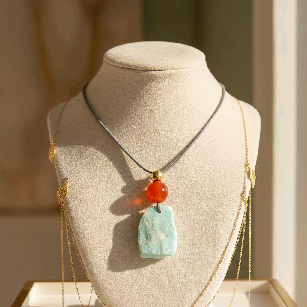Chunky Amazonite Raw Stone Necklace, Geometric Carnelian Pendant with 18k Gold Copper Accent, Boho Spiritual Jewelry #2575