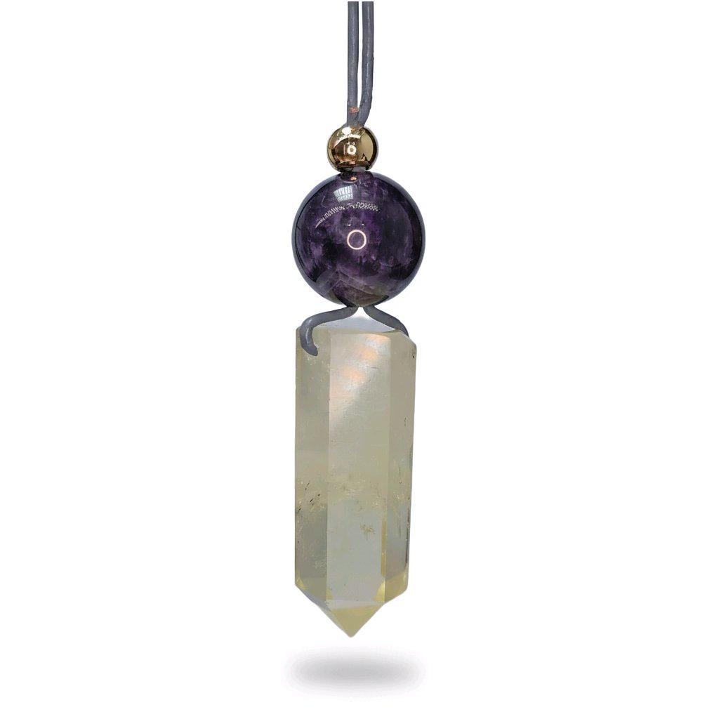 Chunky Citrine Point Necklace, Geometric Amethyst Pendant with 18k Gold Copper Bead, Spiritual Zen Jewelry, Adjustable Leather Cord #2574