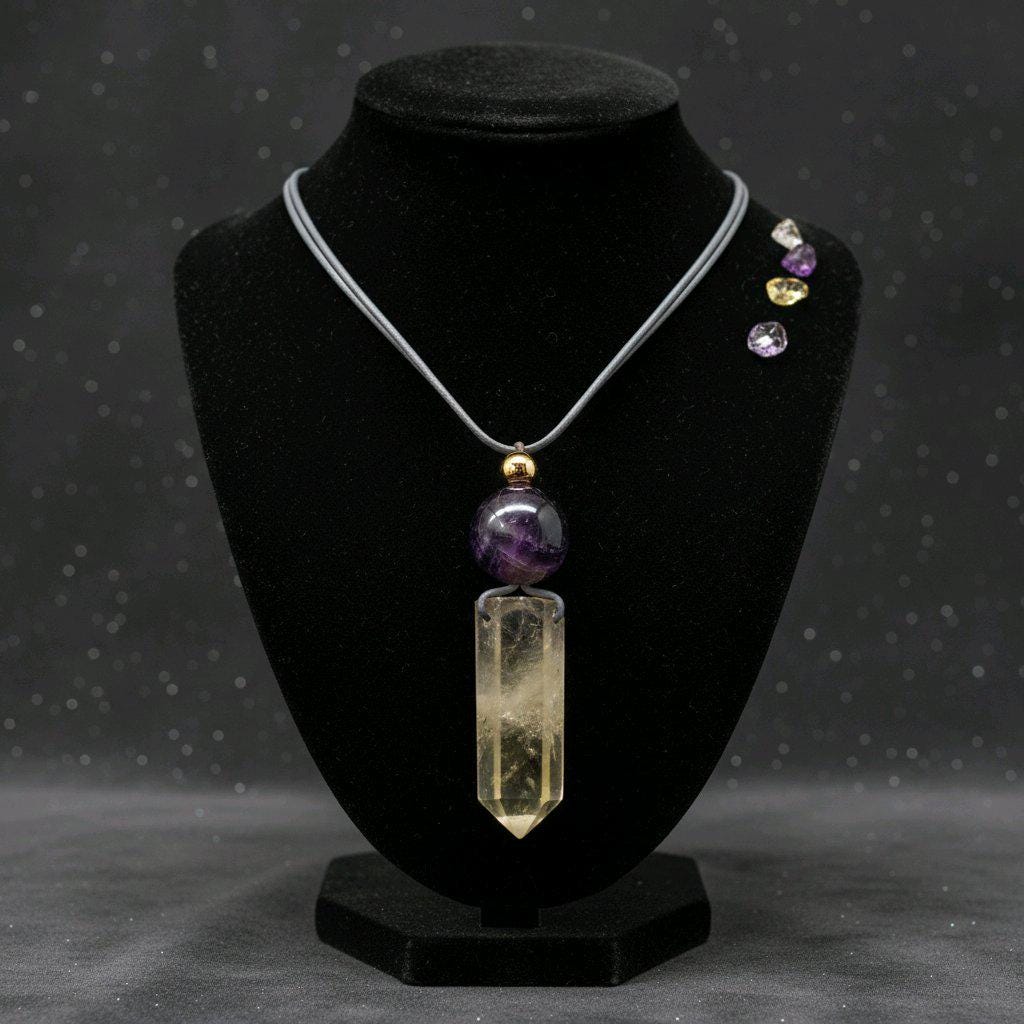 Chunky Citrine Point Necklace, Geometric Amethyst Pendant with 18k Gold Copper Bead, Spiritual Zen Jewelry, Adjustable Leather Cord #2574