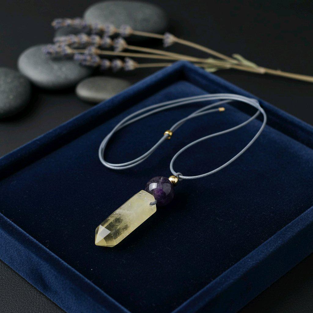Chunky Citrine Point Necklace, Geometric Amethyst Pendant with 18k Gold Copper Bead, Spiritual Zen Jewelry, Adjustable Leather Cord #2574