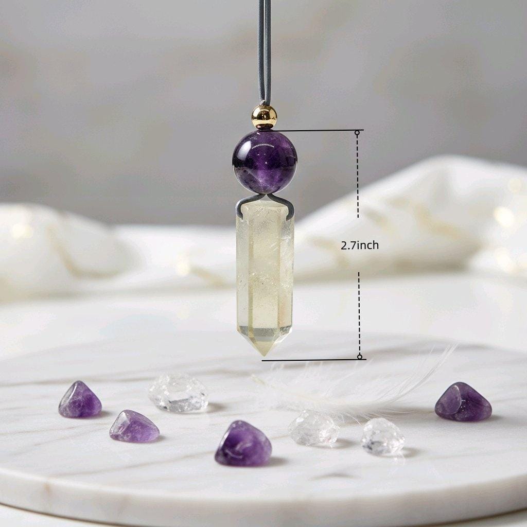 Chunky Citrine Point Necklace, Geometric Amethyst Pendant with 18k Gold Copper Bead, Spiritual Zen Jewelry, Adjustable Leather Cord #2574