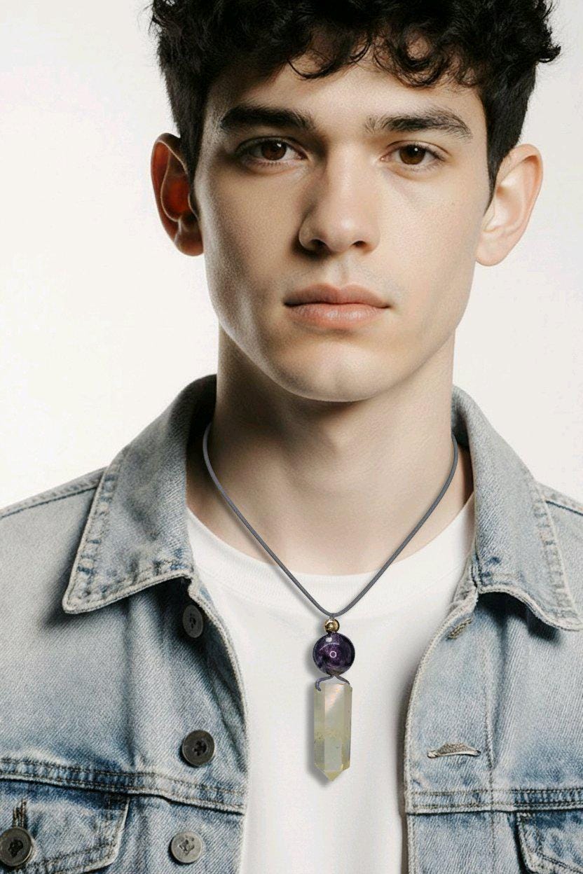 Chunky Citrine Point Necklace, Geometric Amethyst Pendant with 18k Gold Copper Bead, Spiritual Zen Jewelry, Adjustable Leather Cord #2574