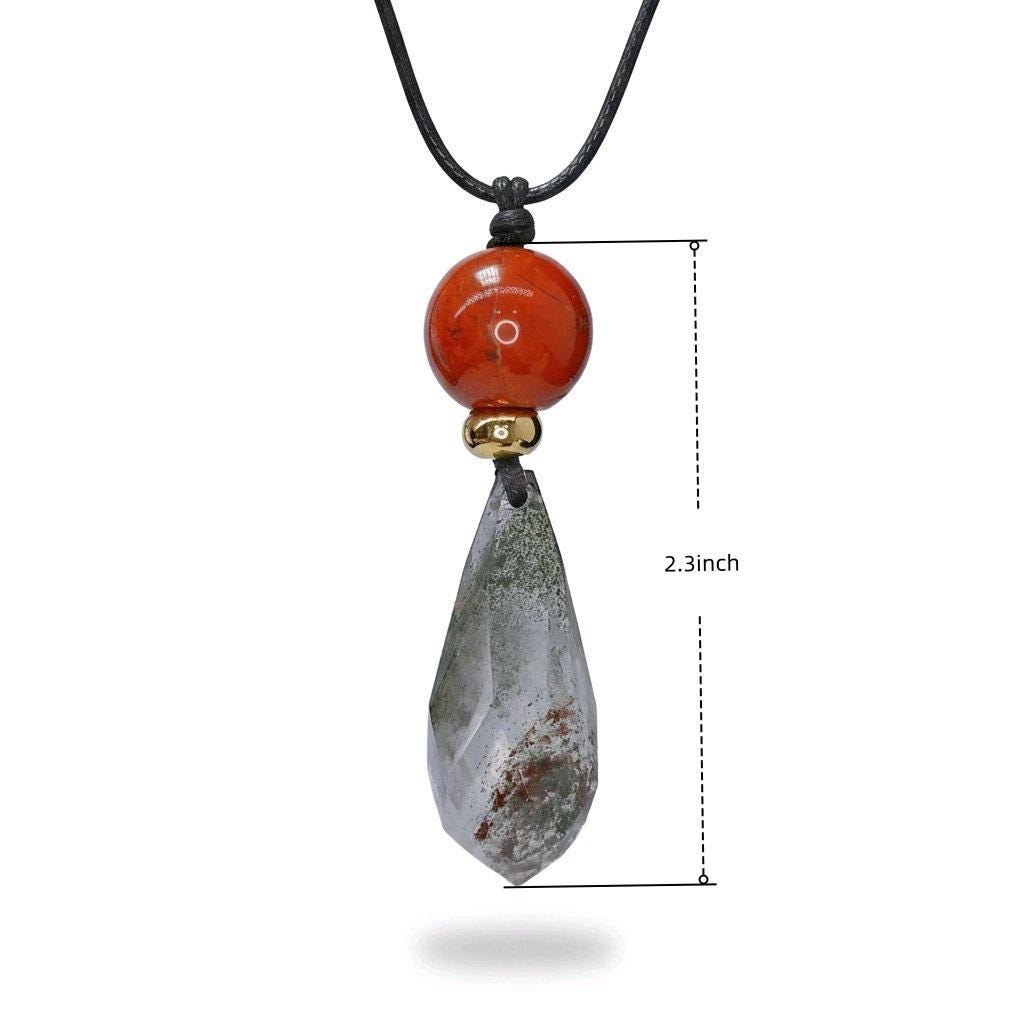 Chunky Garden Quartz Necklace, Geometric Faceted Phantom Crystal Pendant with Red Jasper, Zen Spiritual Jewelry, Adjustable Leather #2573