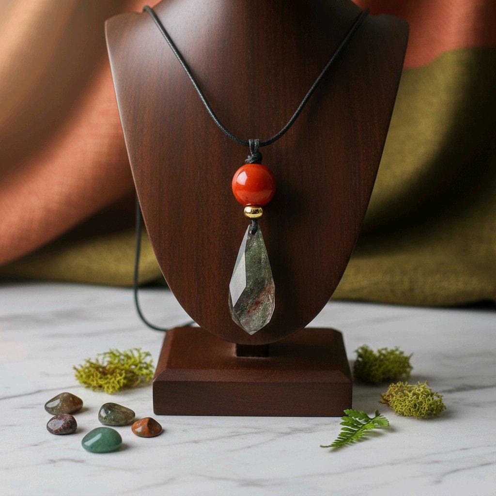 Chunky Garden Quartz Necklace, Geometric Faceted Phantom Crystal Pendant with Red Jasper, Zen Spiritual Jewelry, Adjustable Leather #2573