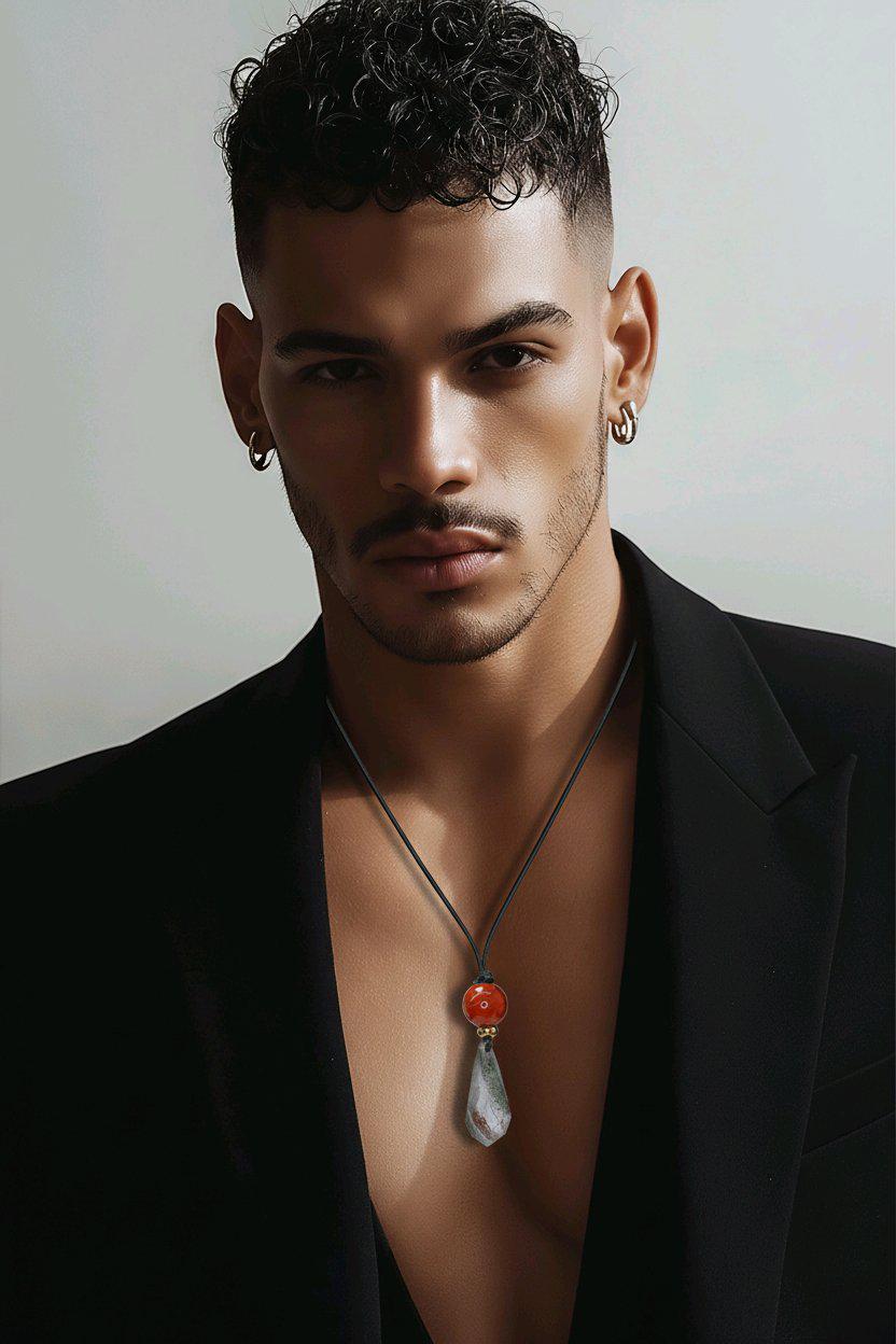 Chunky Garden Quartz Necklace, Geometric Faceted Phantom Crystal Pendant with Red Jasper, Zen Spiritual Jewelry, Adjustable Leather #2573