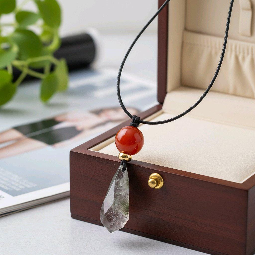 Chunky Garden Quartz Necklace, Geometric Faceted Phantom Crystal Pendant with Red Jasper, Zen Spiritual Jewelry, Adjustable Leather #2573