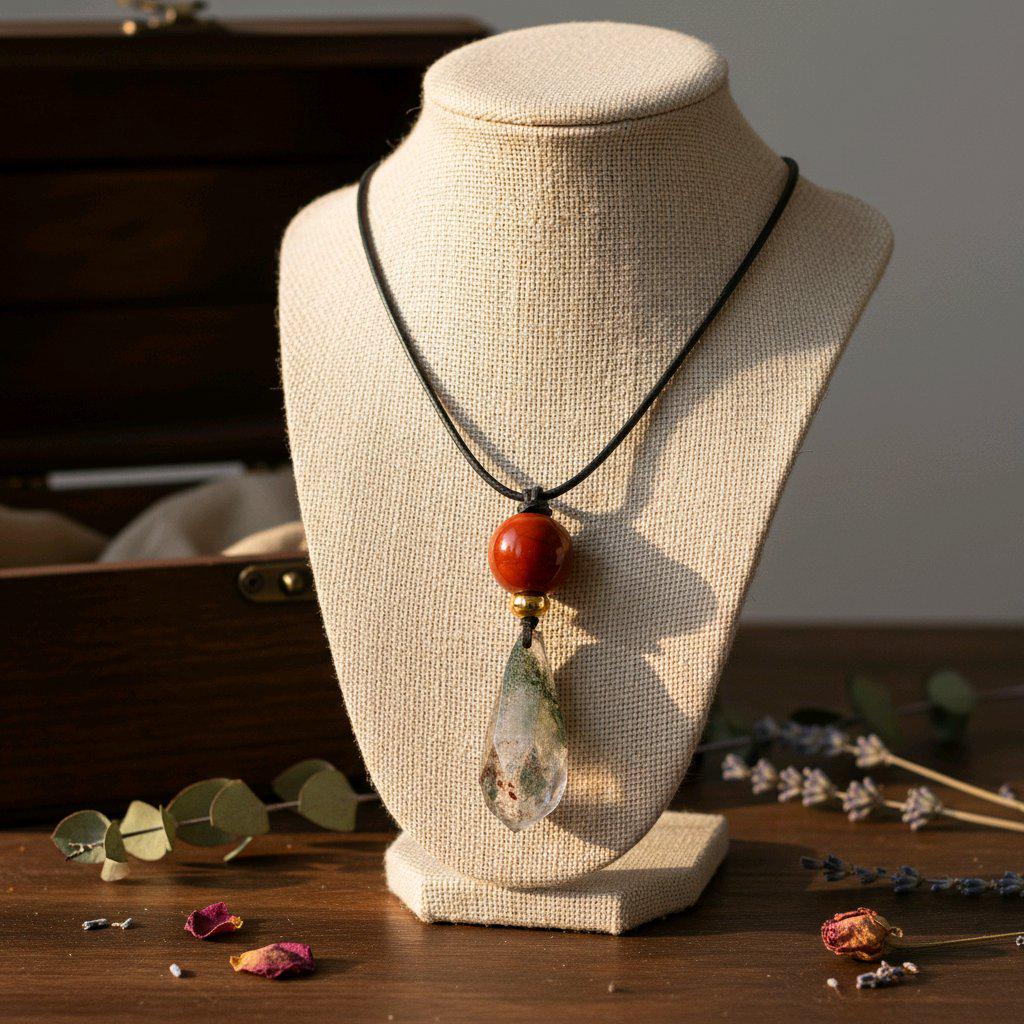 Chunky Garden Quartz Necklace, Geometric Faceted Phantom Crystal Pendant with Red Jasper, Zen Spiritual Jewelry, Adjustable Leather #2573