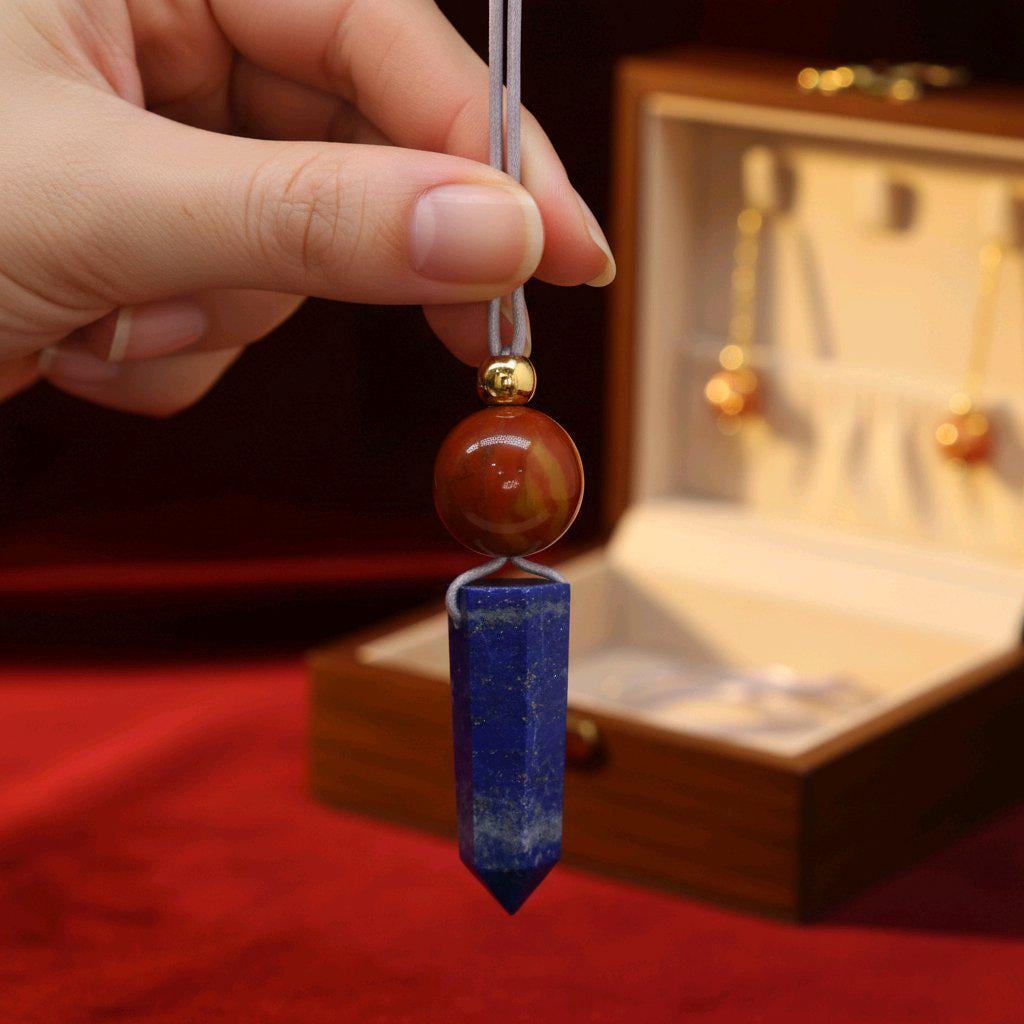 Chunky Lapis Lazuli Point Necklace, Geometric Red Jasper Pendant with 18k Gold Bead, Zen Jewelry, 30" Adjustable Real Leather Cord #2572
