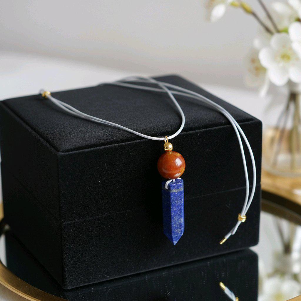 Chunky Lapis Lazuli Point Necklace, Geometric Red Jasper Pendant with 18k Gold Bead, Zen Jewelry, 30" Adjustable Real Leather Cord #2572