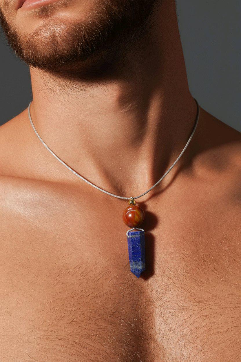 Chunky Lapis Lazuli Point Necklace, Geometric Red Jasper Pendant with 18k Gold Bead, Zen Jewelry, 30" Adjustable Real Leather Cord #2572