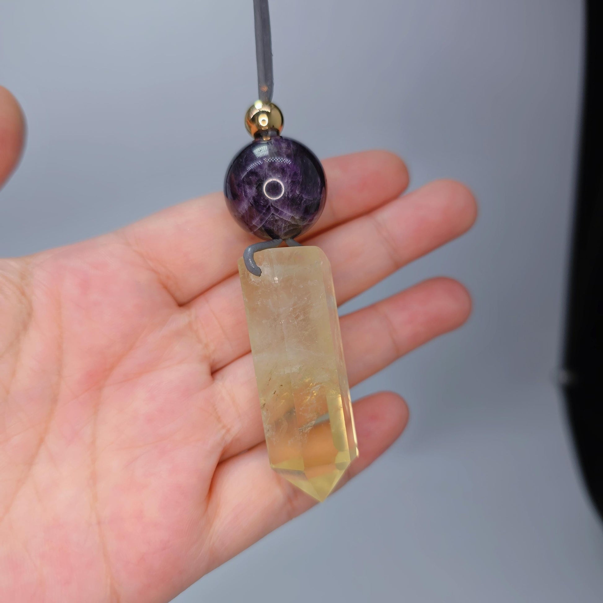Chunky Citrine Point Necklace, Geometric Amethyst Pendant with 18k Gold Copper Bead, Spiritual Zen Jewelry, Adjustable Leather Cord #2574