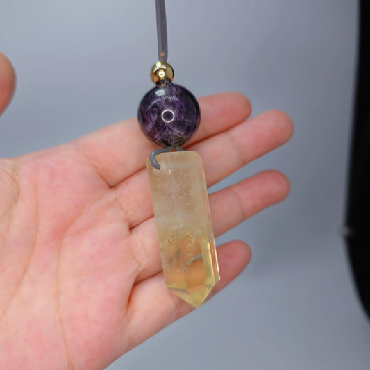 Chunky Citrine Point Necklace, Geometric Amethyst Pendant with 18k Gold Copper Bead, Spiritual Zen Jewelry, Adjustable Leather Cord #2574