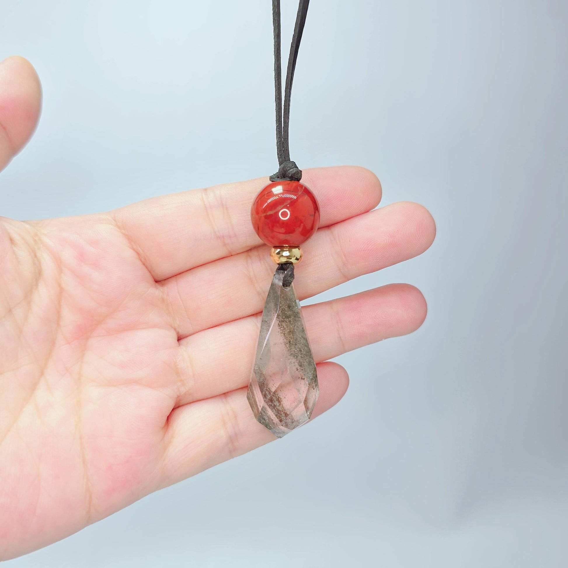 Chunky Garden Quartz Necklace, Geometric Faceted Phantom Crystal Pendant with Red Jasper, Zen Spiritual Jewelry, Adjustable Leather #2573