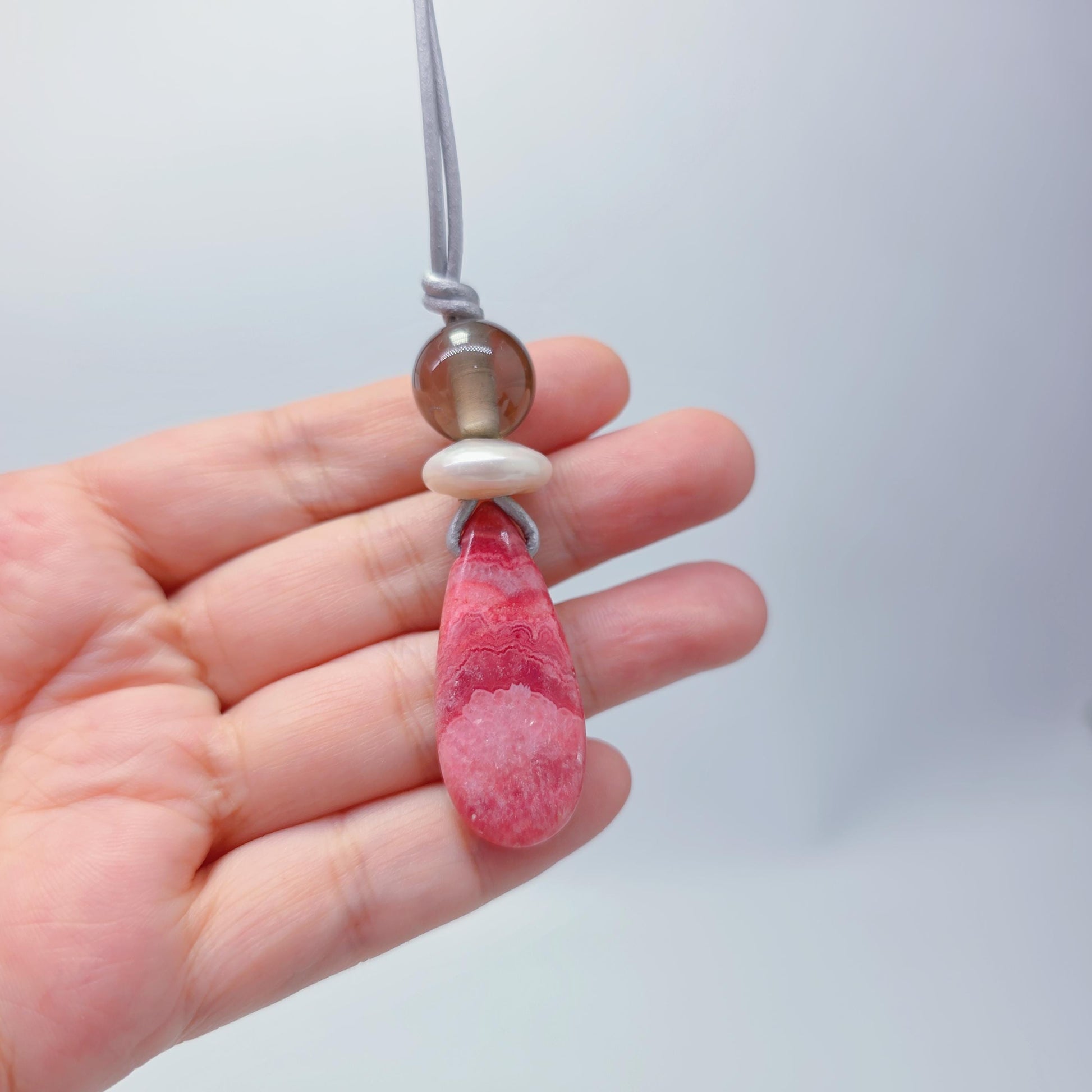 Chunky Rhodochrosite Necklace, Geometric Pink Stone Pendant with Baroque Pearl & Smoky Quartz, Spiritual Jewelry, Adjustable Leather #2576