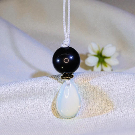 Chunky Opal & Obsidian Necklace, Geometric Birthstone Pendant, Zen Jewelry, Adjustable White Leather Cord, October Birthday Gift