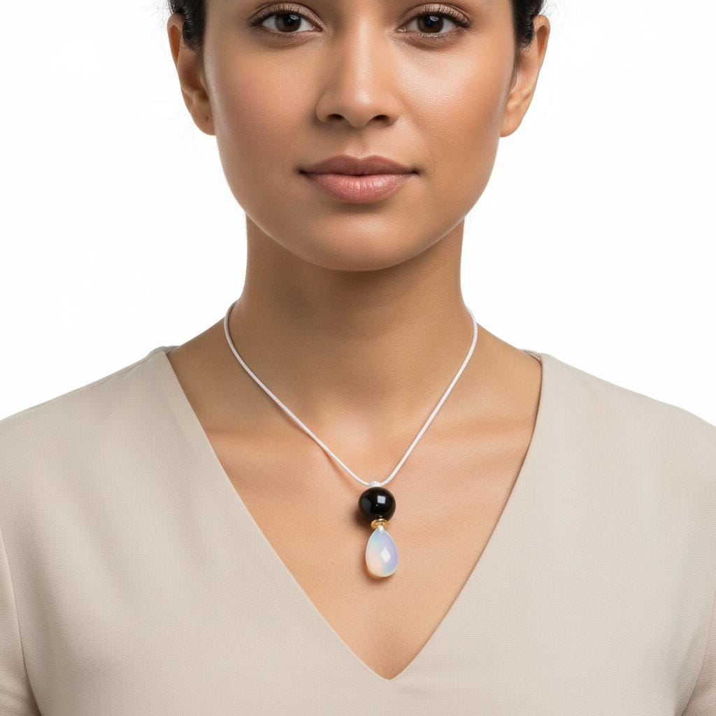 Chunky Opal & Obsidian Necklace, Geometric Birthstone Pendant, Zen Jewelry, Adjustable White Leather Cord, October Birthday Gift