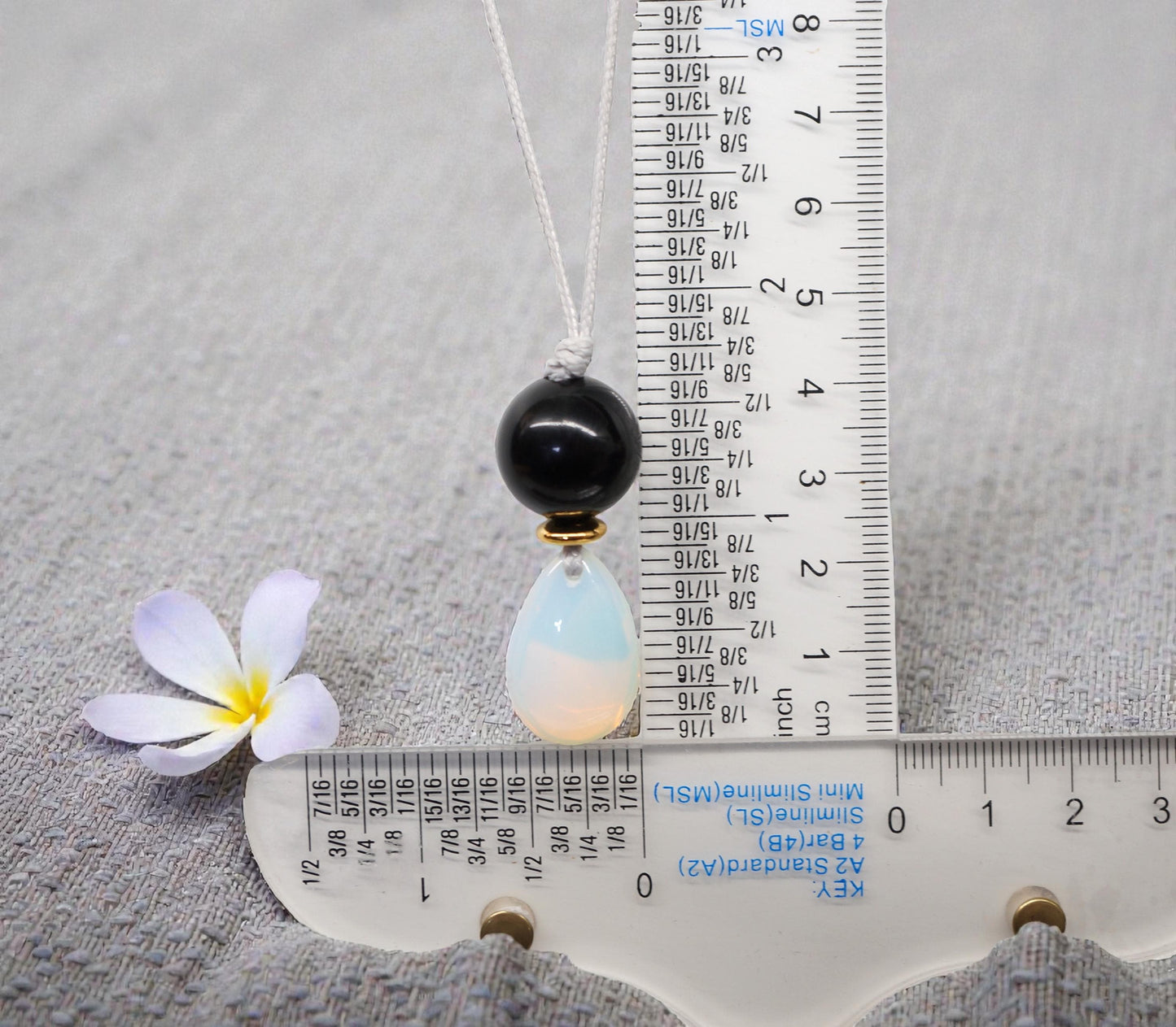 Chunky Opal & Obsidian Necklace, Geometric Birthstone Pendant, Zen Jewelry, Adjustable White Leather Cord, October Birthday Gift