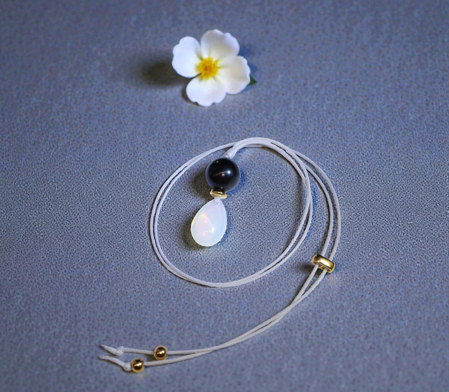 Chunky Opal & Obsidian Necklace, Geometric Birthstone Pendant, Zen Jewelry, Adjustable White Leather Cord, October Birthday Gift