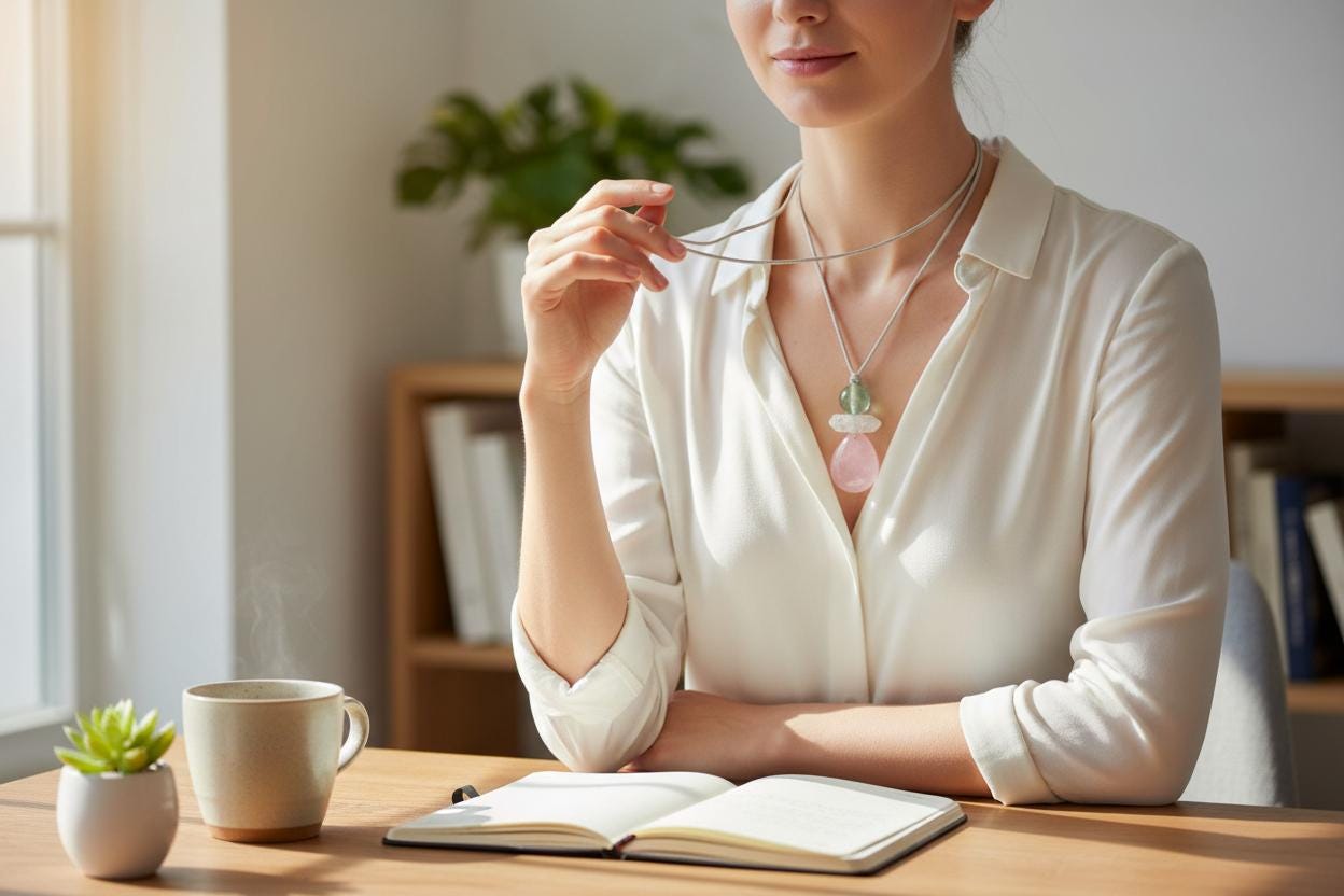 Chunky Rose Quartz & Green Fluorite Necklace, Geometric Birthstone Zen Pendant, Natural Clear Quartz, Adjustable White Leather Cord
