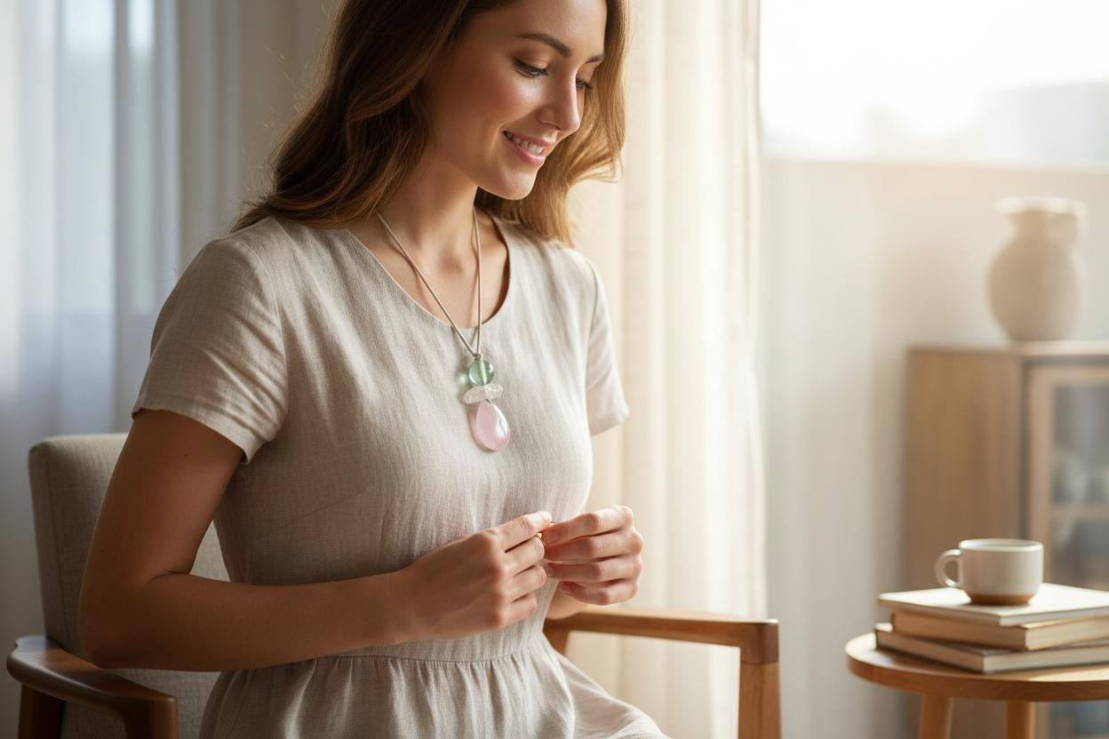 Chunky Rose Quartz & Green Fluorite Necklace, Geometric Birthstone Zen Pendant, Natural Clear Quartz, Adjustable White Leather Cord