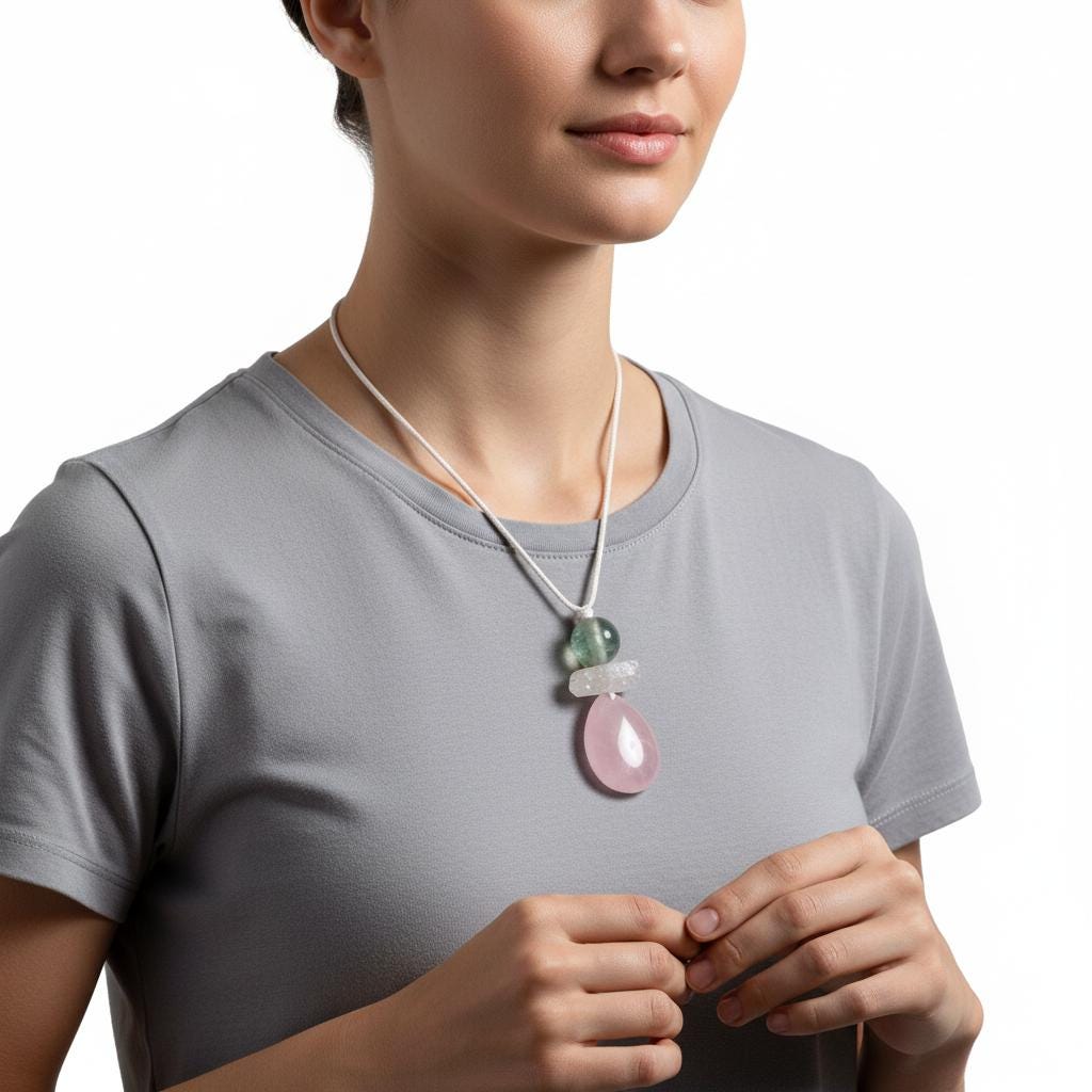 Chunky Rose Quartz & Green Fluorite Necklace, Geometric Birthstone Zen Pendant, Natural Clear Quartz, Adjustable White Leather Cord