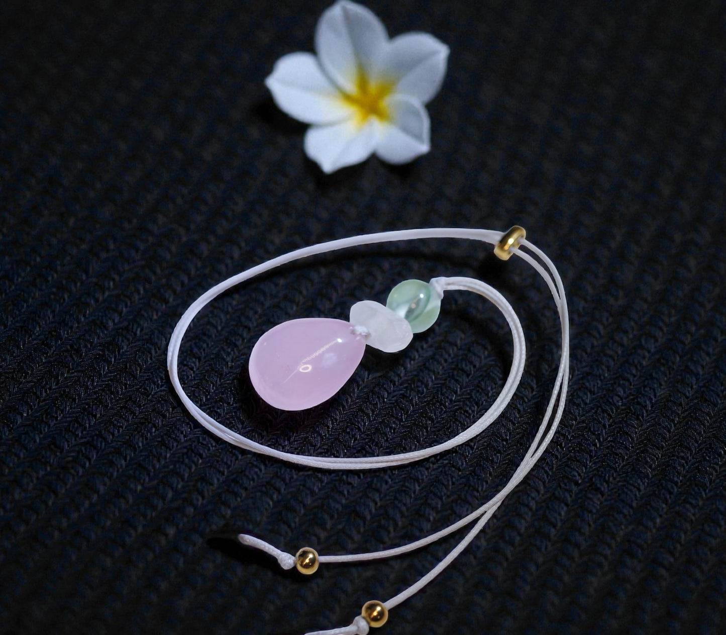 Chunky Rose Quartz & Green Fluorite Necklace, Geometric Birthstone Zen Pendant, Natural Clear Quartz, Adjustable White Leather Cord