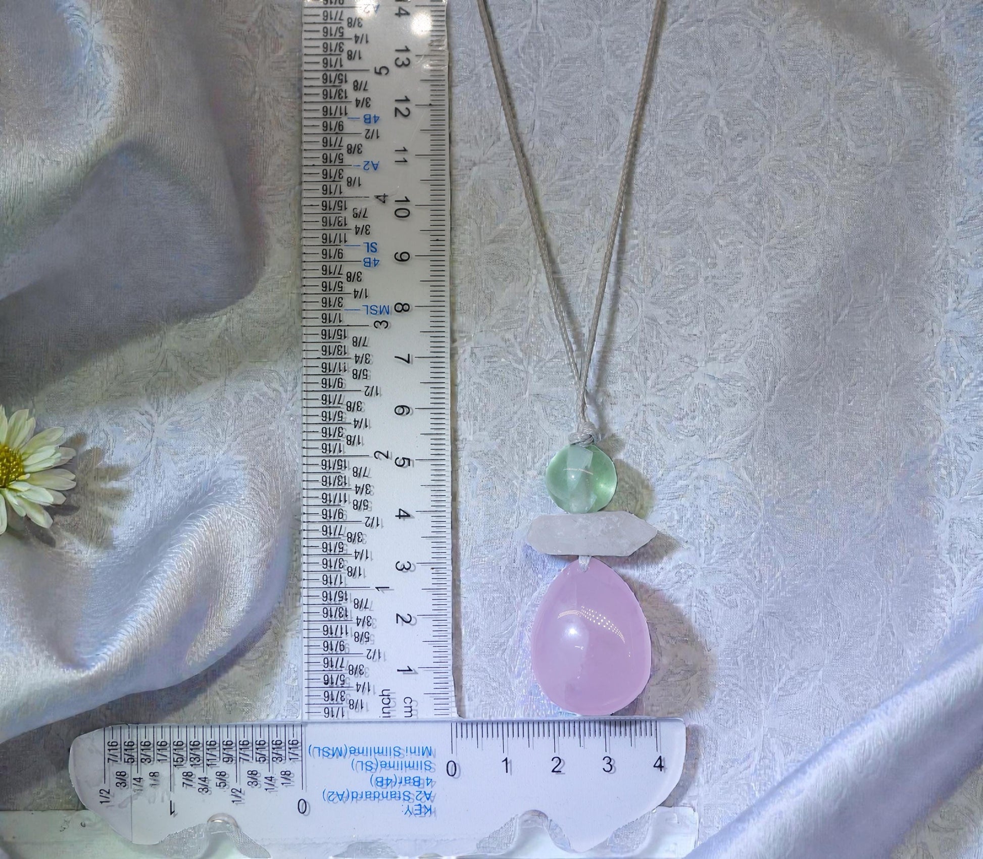 Chunky Rose Quartz & Green Fluorite Necklace, Geometric Birthstone Zen Pendant, Natural Clear Quartz, Adjustable White Leather Cord