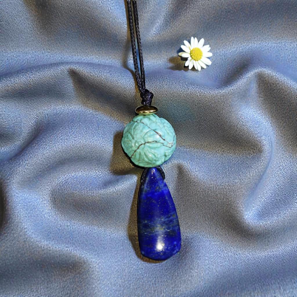 Chunky Lapis Lazuli & Carved Turquoise Necklace, Lotus Birthstone Pendant, Geometric Zen Jewelry, Adjustable Leather Cord, Yoga Gift