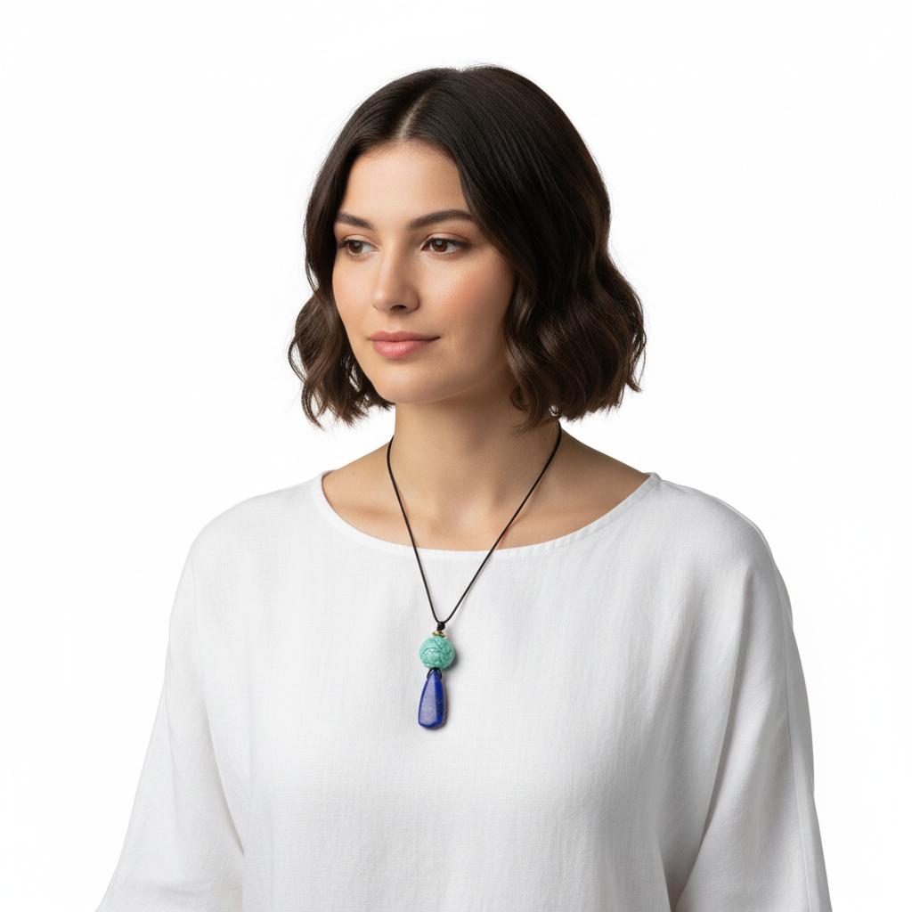 Chunky Lapis Lazuli & Carved Turquoise Necklace, Lotus Birthstone Pendant, Geometric Zen Jewelry, Adjustable Leather Cord, Yoga Gift