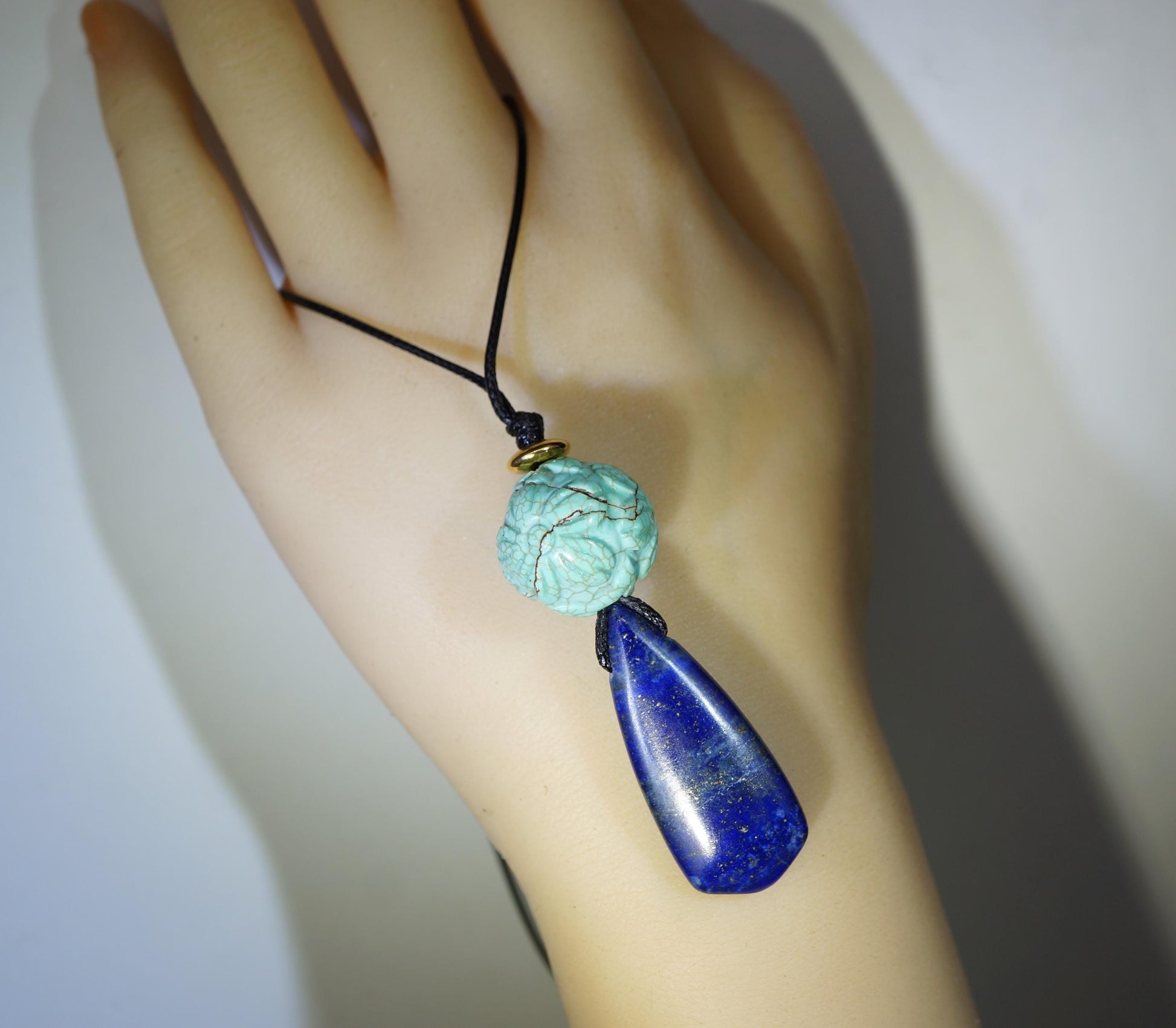 Chunky Lapis Lazuli & Carved Turquoise Necklace, Lotus Birthstone Pendant, Geometric Zen Jewelry, Adjustable Leather Cord, Yoga Gift