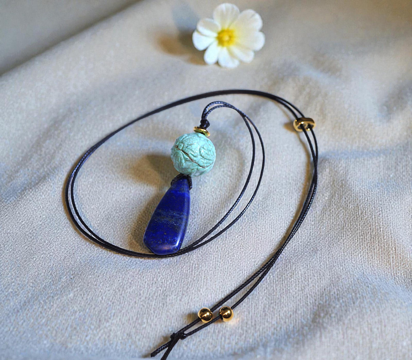 Chunky Lapis Lazuli & Carved Turquoise Necklace, Lotus Birthstone Pendant, Geometric Zen Jewelry, Adjustable Leather Cord, Yoga Gift