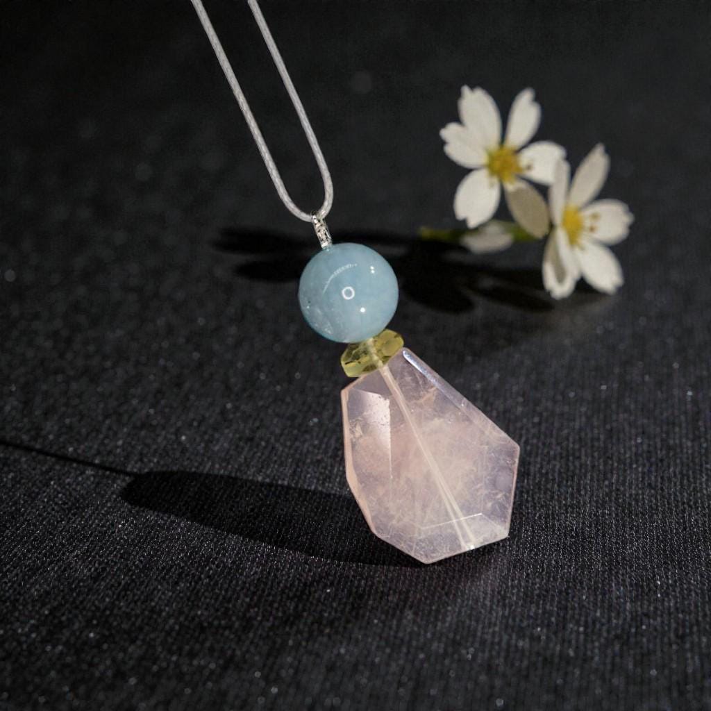 Chunky Rose Quartz & Aquamarine Necklace, Geometric Zen Jewelry, Natural Citrine Pendant, Adjustable Gray Leather, Birthstone Gift