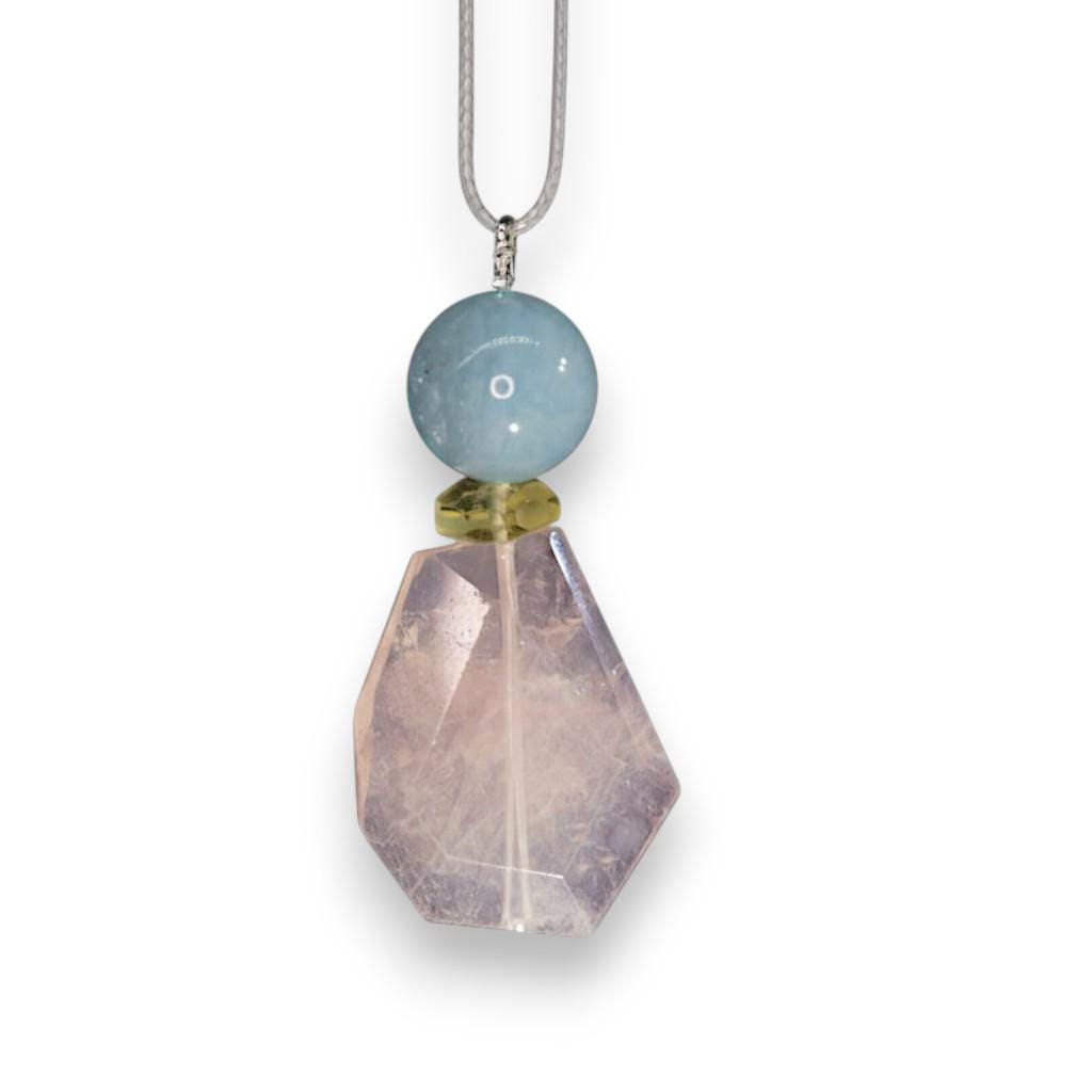 Chunky Rose Quartz & Aquamarine Necklace, Geometric Zen Jewelry, Natural Citrine Pendant, Adjustable Gray Leather, Birthstone Gift