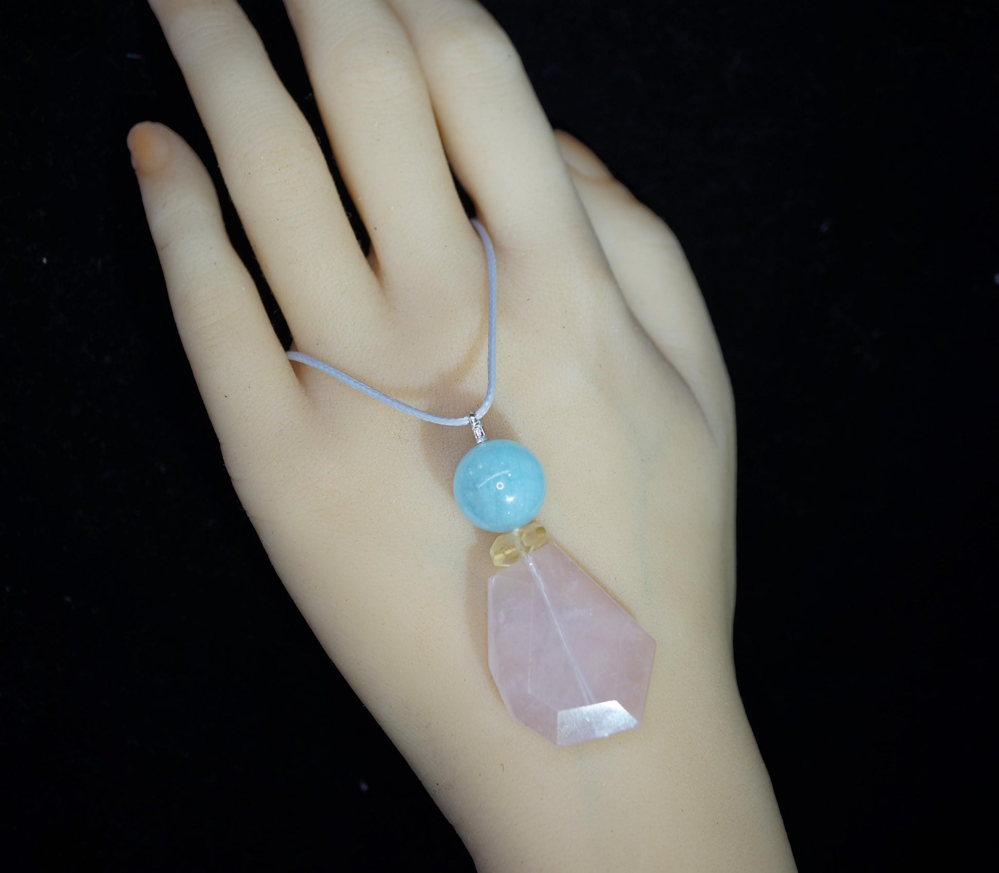 Chunky Rose Quartz & Aquamarine Necklace, Geometric Zen Jewelry, Natural Citrine Pendant, Adjustable Gray Leather, Birthstone Gift