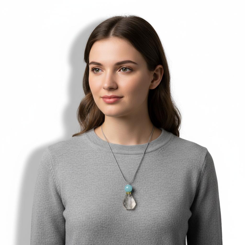 Chunky Rose Quartz & Aquamarine Necklace, Geometric Zen Jewelry, Natural Citrine Pendant, Adjustable Gray Leather, Birthstone Gift