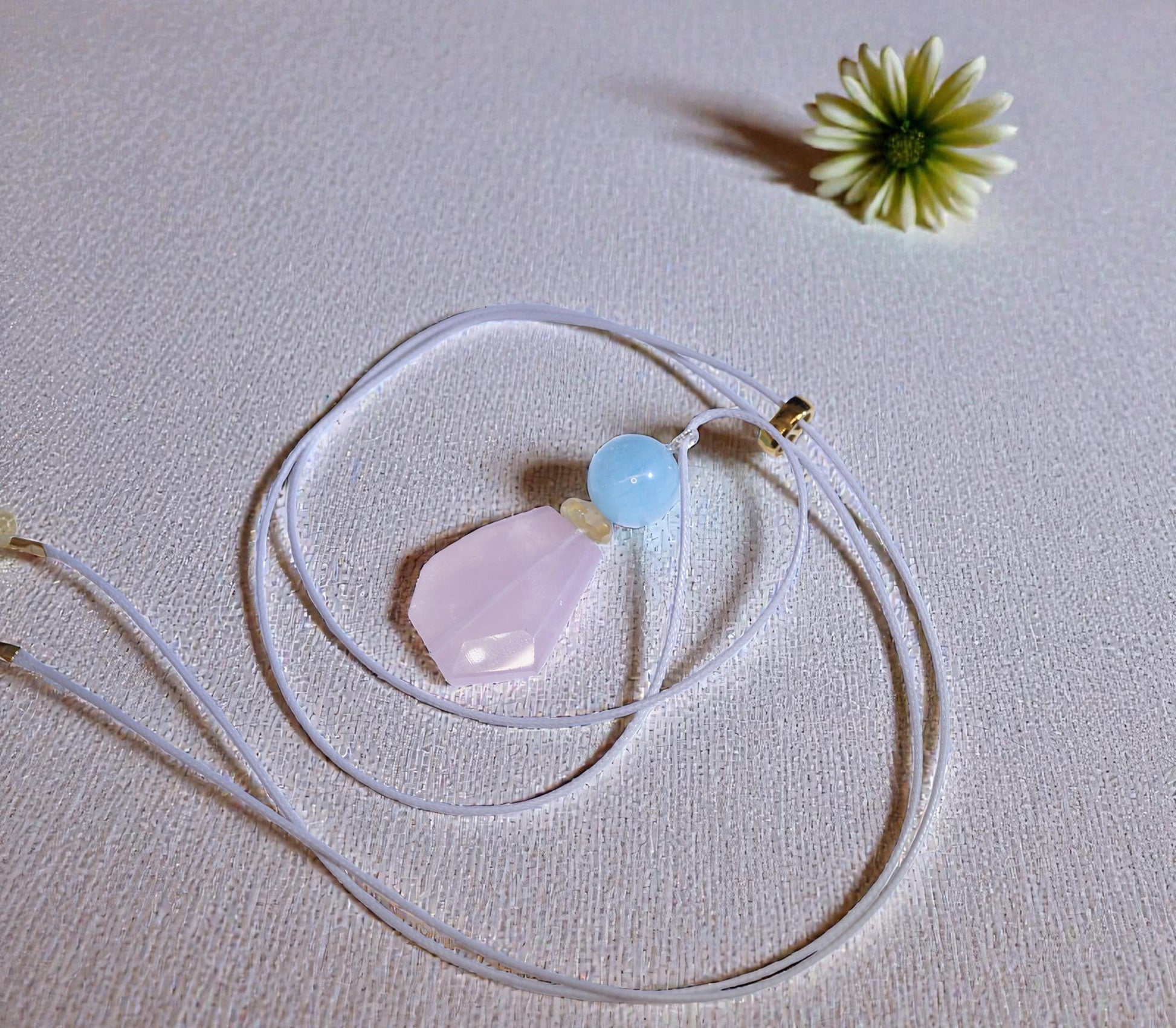 Chunky Rose Quartz & Aquamarine Necklace, Geometric Zen Jewelry, Natural Citrine Pendant, Adjustable Gray Leather, Birthstone Gift