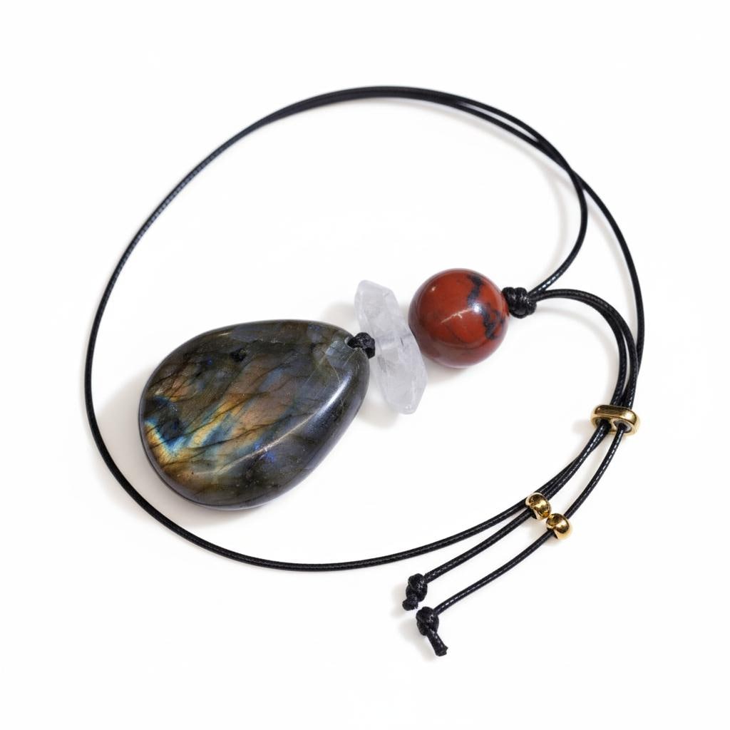 Chunky Labradorite Red Jasper Necklace, Geometric Zen Pendant, Natural Clear Quartz, Adjustable Leather Cord, Men's & Women's Gift