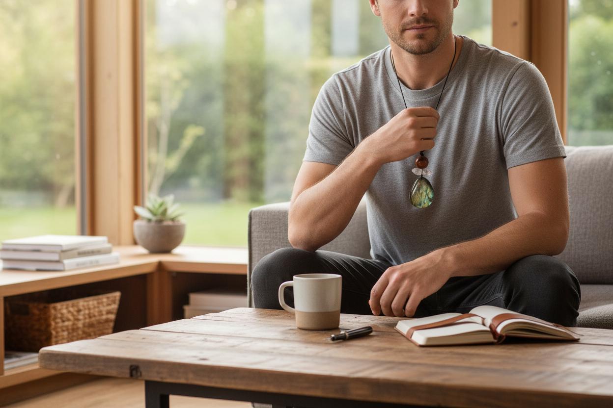 Chunky Labradorite Red Jasper Necklace, Geometric Zen Pendant, Natural Clear Quartz, Adjustable Leather Cord, Men's & Women's Gift