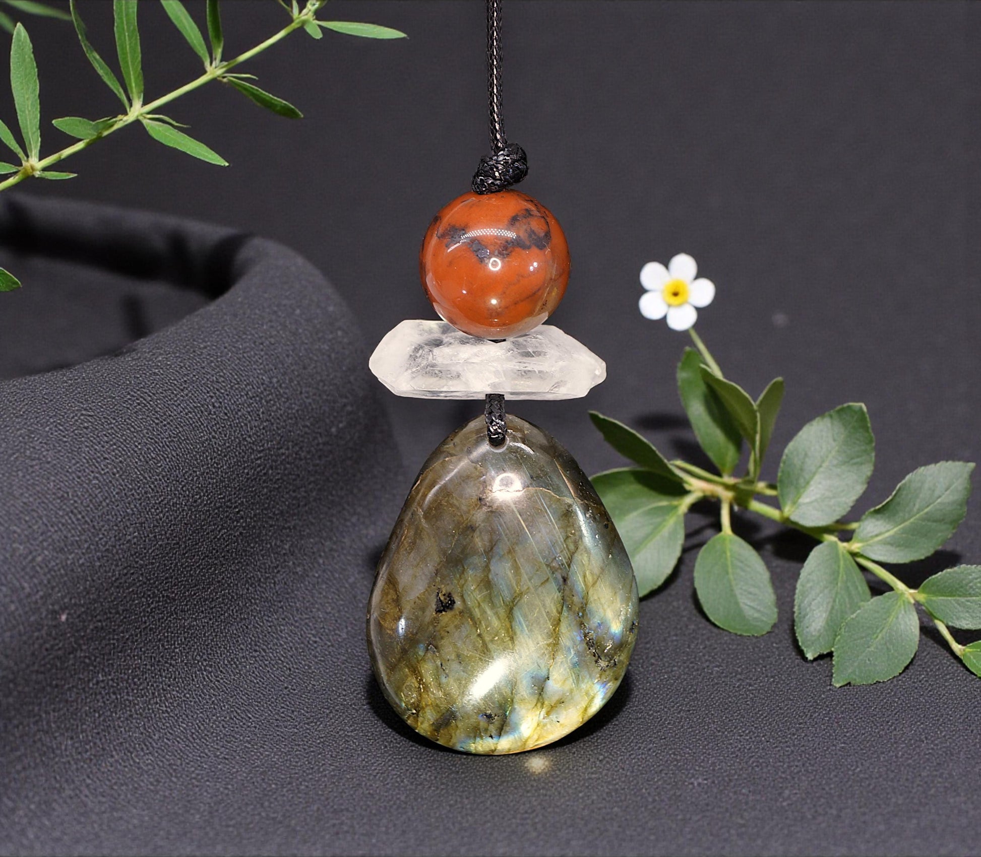 Chunky Labradorite Red Jasper Necklace, Geometric Zen Pendant, Natural Clear Quartz, Adjustable Leather Cord, Men's & Women's Gift