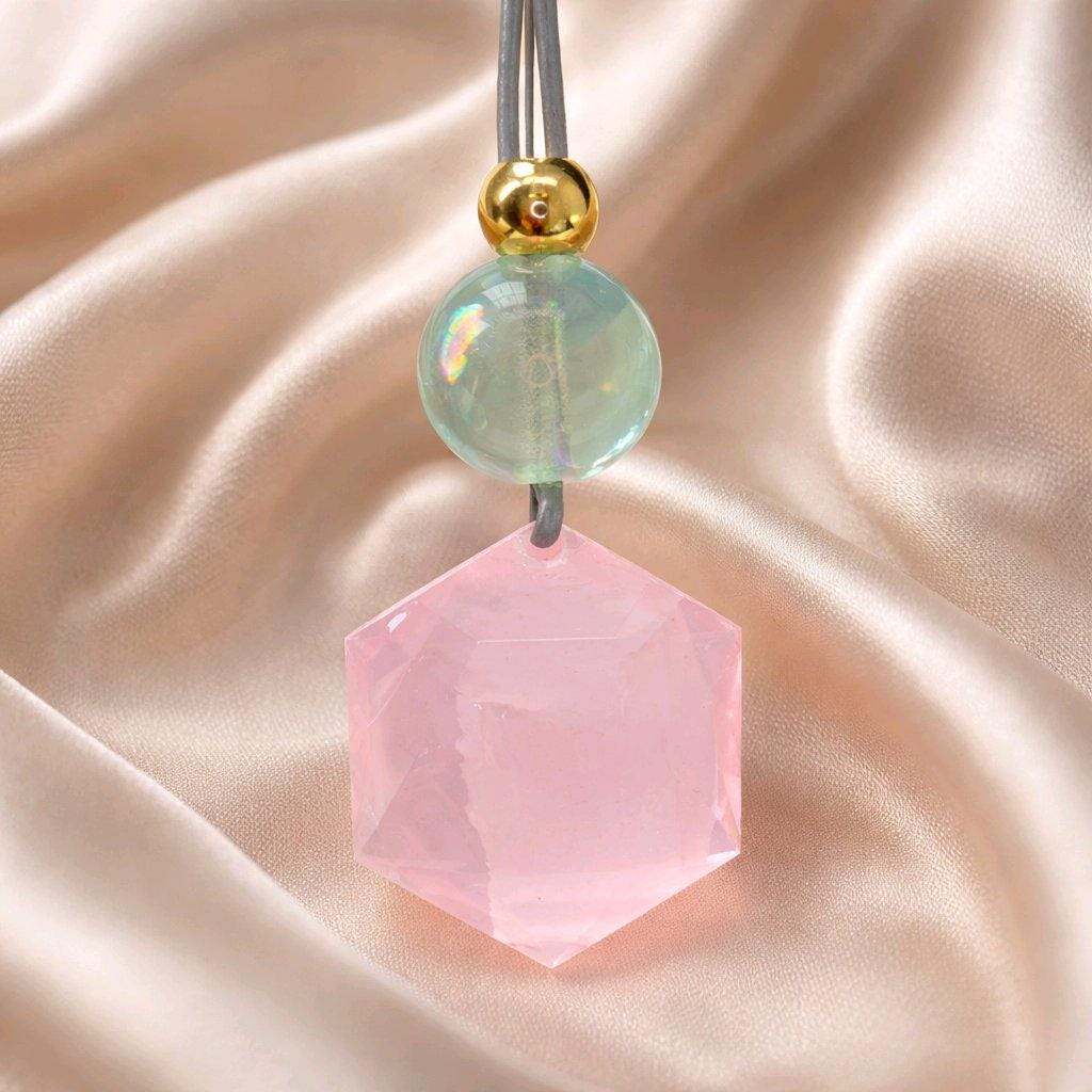 Geometric Rose Quartz Necklace, Chunky Star of David Crystal Pendant with Fluorite, Healing Stone Jewelry, Adjustable Leather Cord 30“ #2571