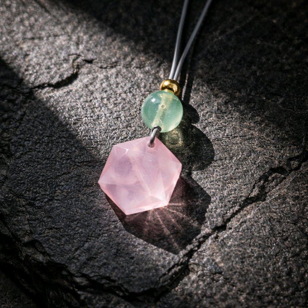 Geometric Rose Quartz Necklace, Chunky Star of David Crystal Pendant with Fluorite, Healing Stone Jewelry, Adjustable Leather Cord 30“ #2571