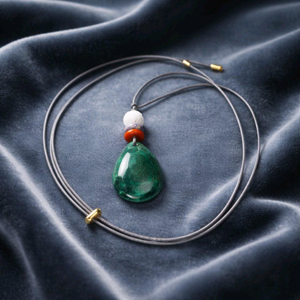 Geometric Malachite Teardrop Necklace, Chunky Green Pendant with Carved Lotus, Healing Jewelry, Adjustable Leather Cord 30 inches #2570