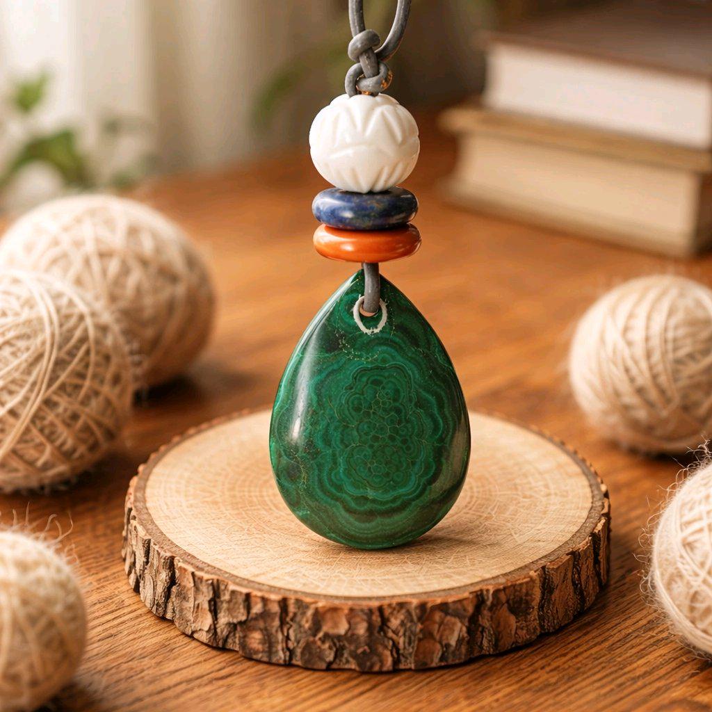 Geometric Malachite Teardrop Necklace, Chunky Green Pendant with Carved Lotus, Healing Jewelry, Adjustable Leather Cord 30 inches #2570