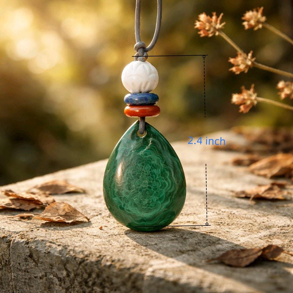 Geometric Malachite Teardrop Necklace, Chunky Green Pendant with Carved Lotus, Healing Jewelry, Adjustable Leather Cord 30 inches #2570