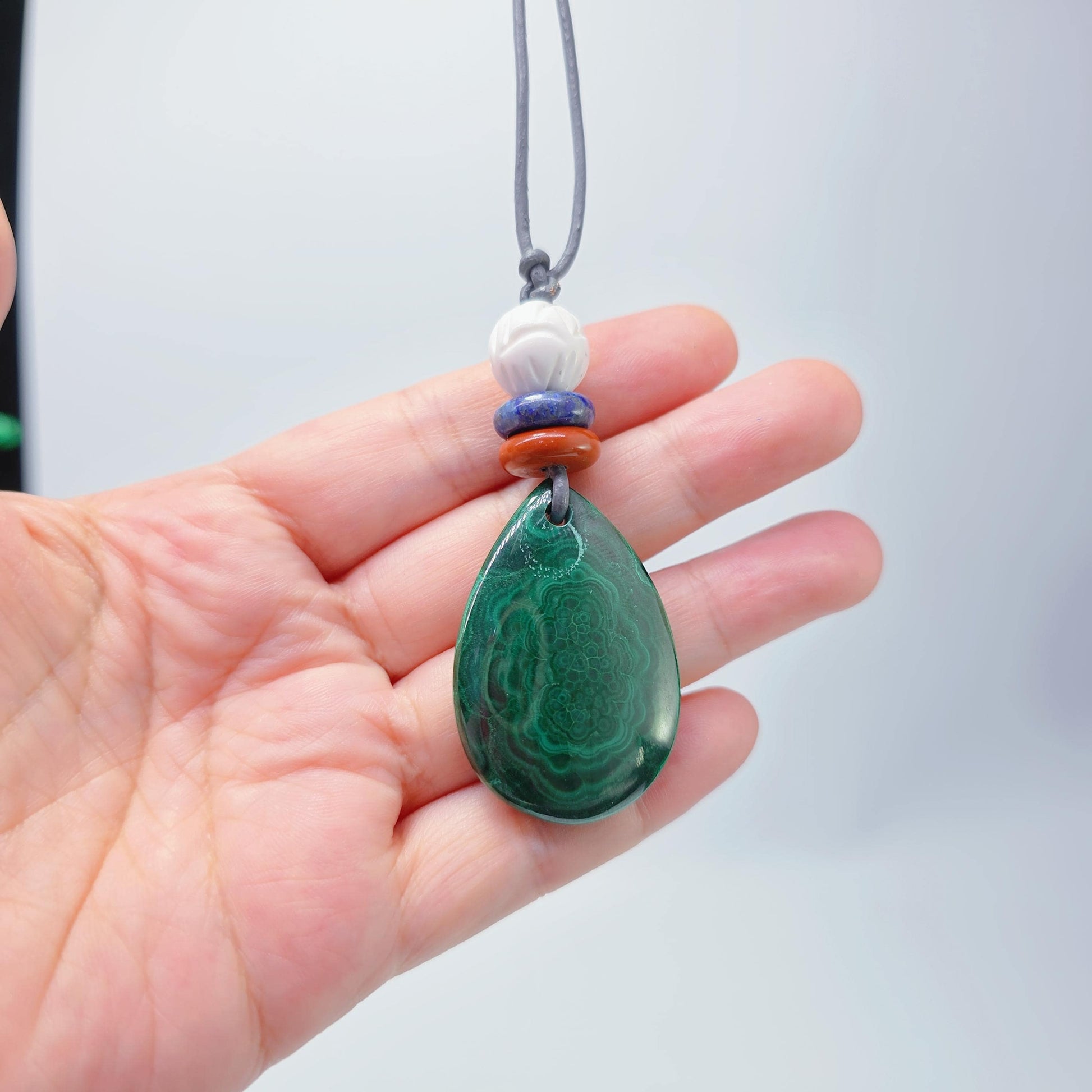Geometric Malachite Teardrop Necklace, Chunky Green Pendant with Carved Lotus, Healing Jewelry, Adjustable Leather Cord 30 inches #2570