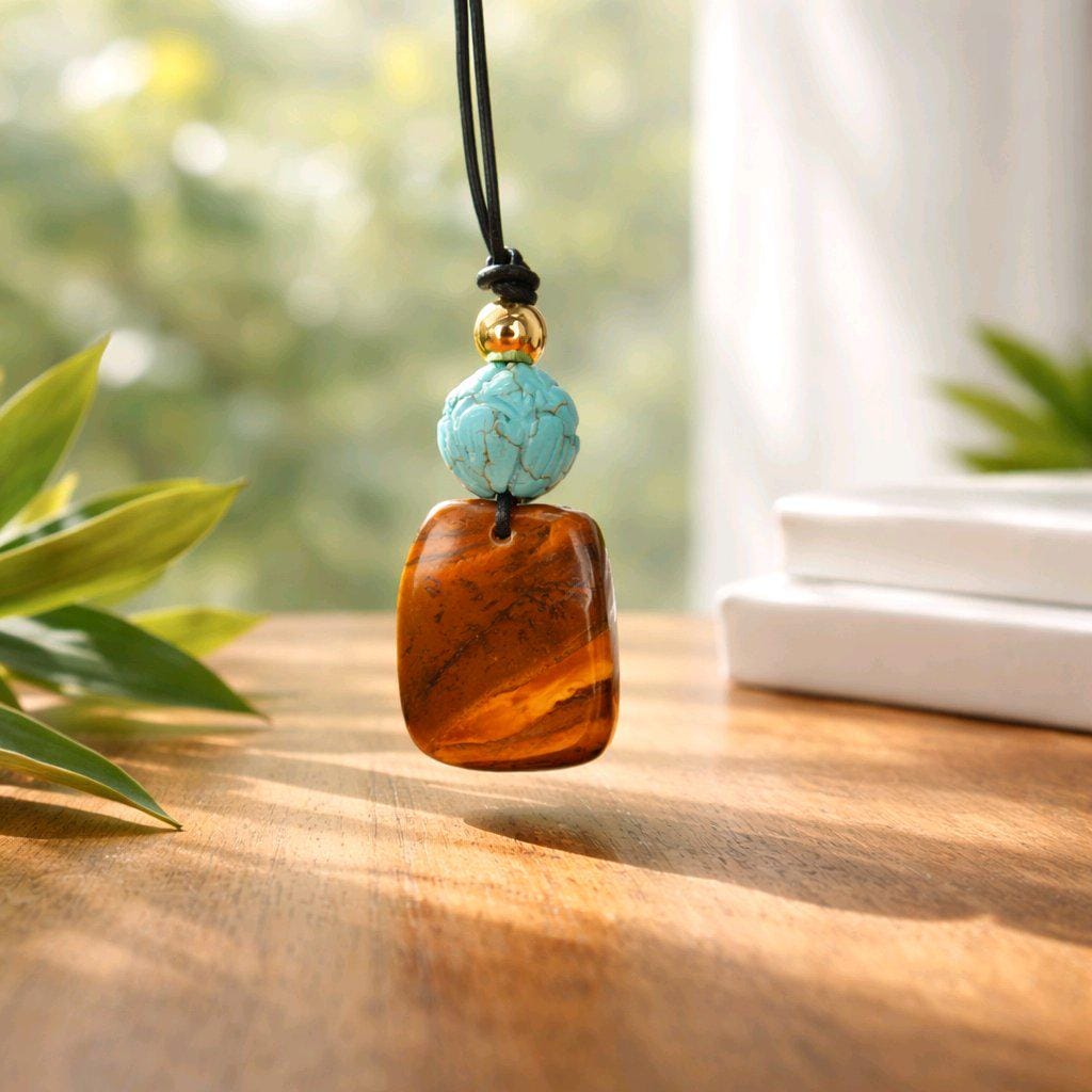 Geometric Tiger's Eye Necklace, Chunky Crystal Pendant with Turquoise Lotus, Healing Stone Jewelry for Her Him, Adjustable Cord #2569