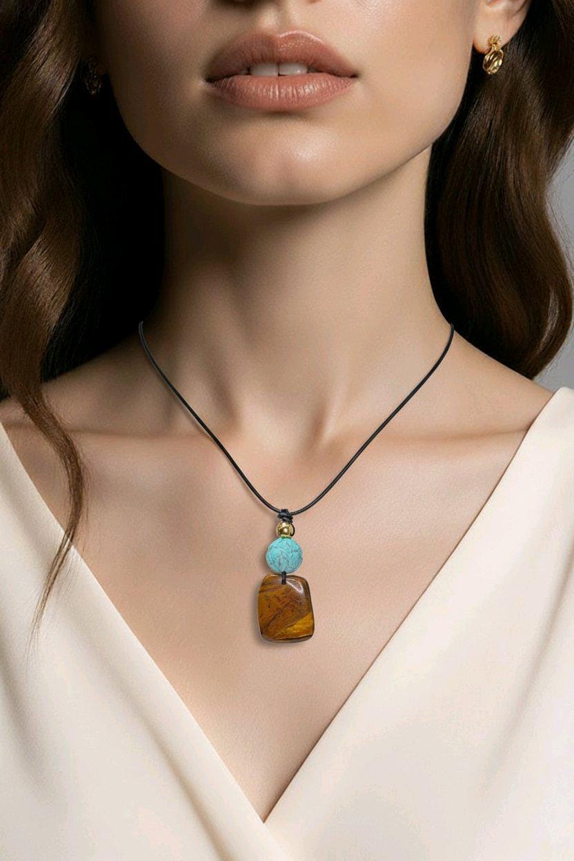 Geometric Tiger's Eye Necklace, Chunky Crystal Pendant with Turquoise Lotus, Healing Stone Jewelry for Her Him, Adjustable Cord #2569