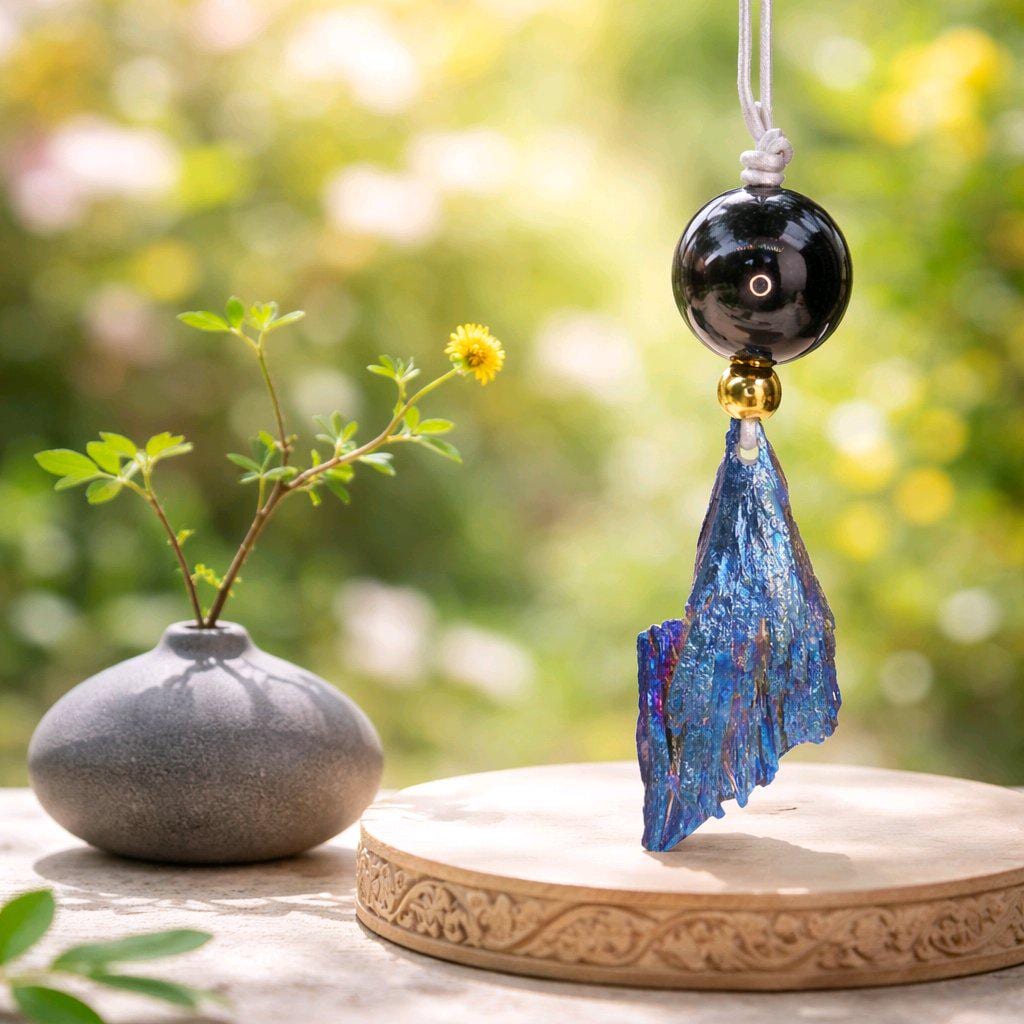 Geometric Titanium Black Tourmaline Necklace, Chunky Rainbow Crystal Pendant with Black Onyx, Healing Jewelry, Adjustable Leather Cord #2568