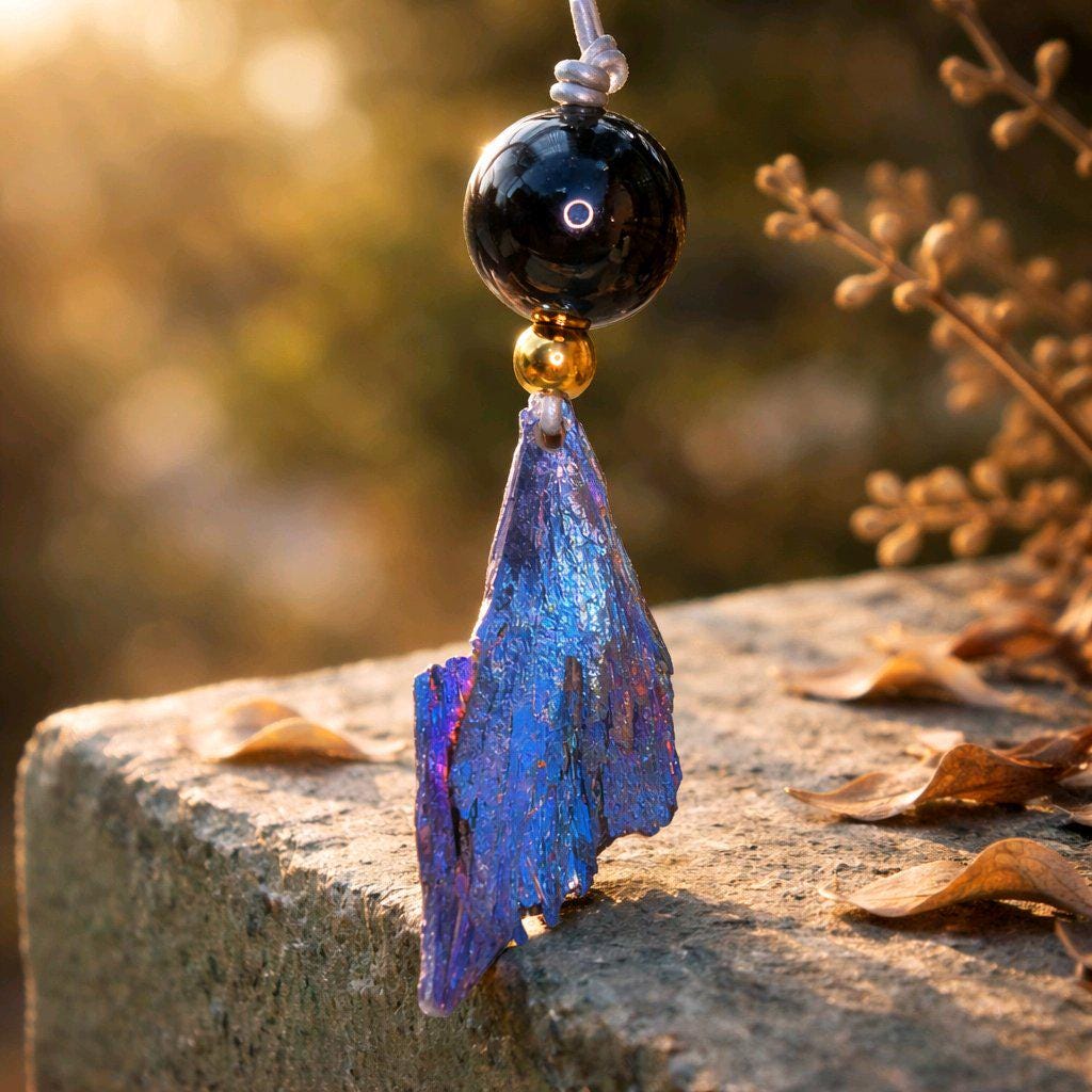 Geometric Titanium Black Tourmaline Necklace, Chunky Rainbow Crystal Pendant with Black Onyx, Healing Jewelry, Adjustable Leather Cord #2568